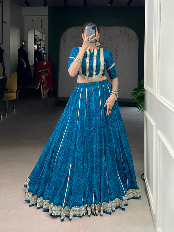 Firozi Color Bandhej Print With Lace Touch Up Chiffon Chaniya Choli