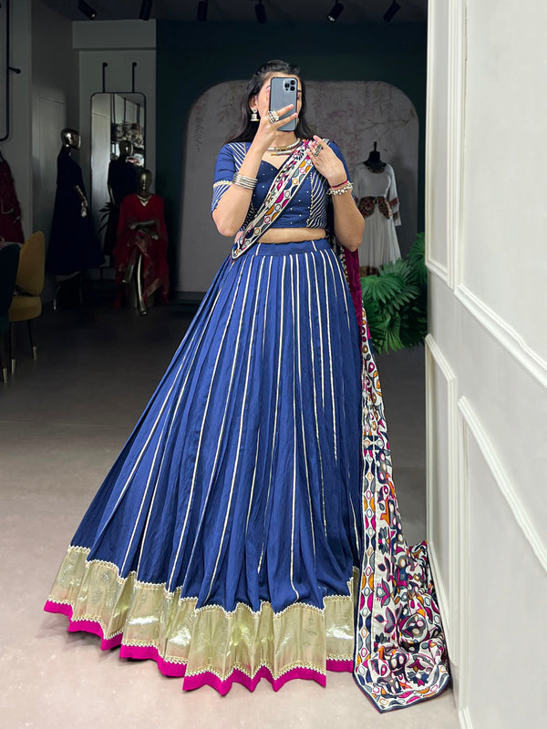 Firozi Color Zari Weaving Work With Embossed Design Chanderi Lehenga Choli