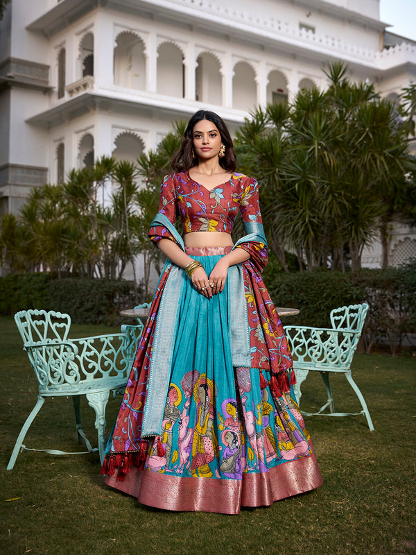 Firozi Color Printed (Kalamkari) With Zari Weaving Border Dola Silk Lehenga Choli