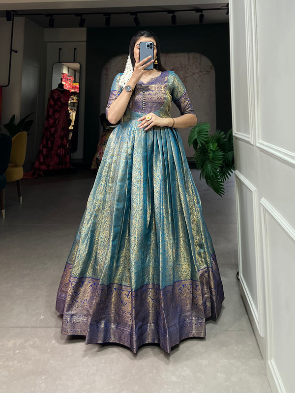 Firozi Color Zari Weaving Work Kanjivaram Wedding Wear Dress