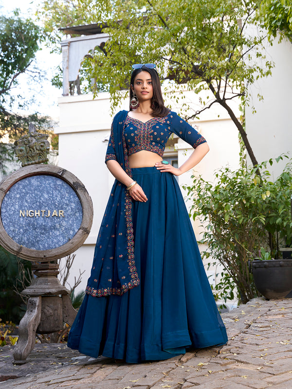 Firozi Color Plain With Sequins And Thread Embroidery Work Georgette Lehenga Choli