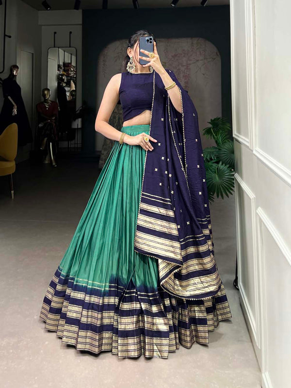 Firozi Color Plain With Zari Weaving Work border Pure Chanderi Lehenga Choli