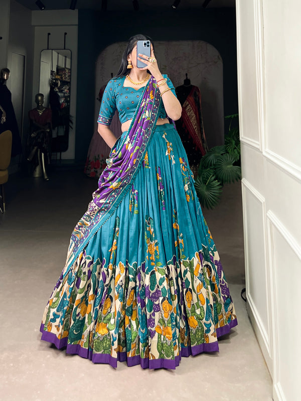 Firozi Color Kalamkari Print With Foil Work Tussar Silk Lehenga Choli