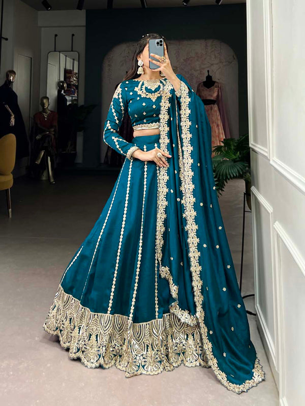 Firozi Color Sequins And Thread Embroidery Work Vichitra Silk Lehenga Choli