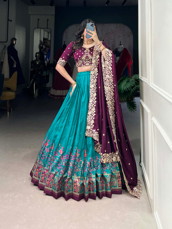 Firozi Color Printed With Foil Work Tussar Silk Lehenga Choli