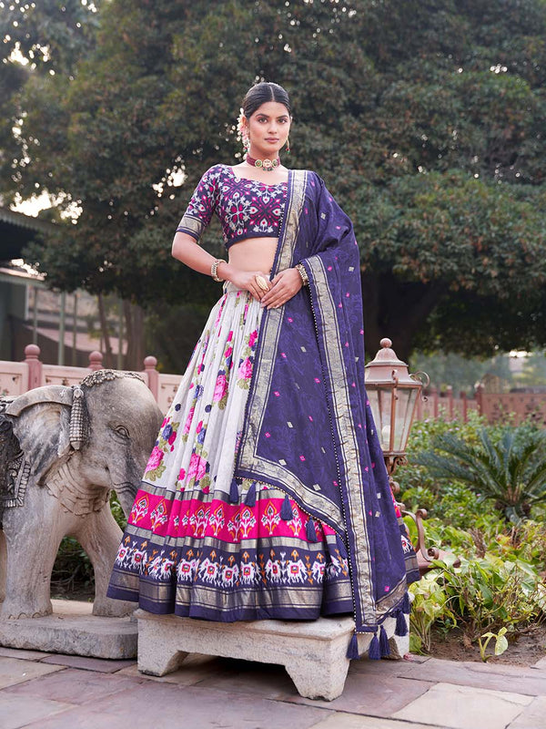Navy Blue Color Floral And Patola Print With Foil Work Tussar Silk Lehenga Choli
