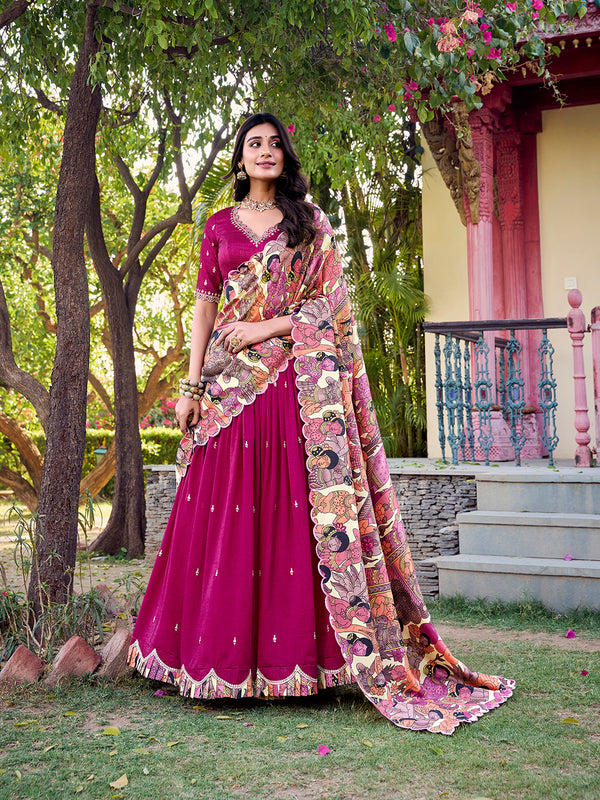 Pink Color Sequins And Thread Embroidery Work Vichitra Silk Lehenga
