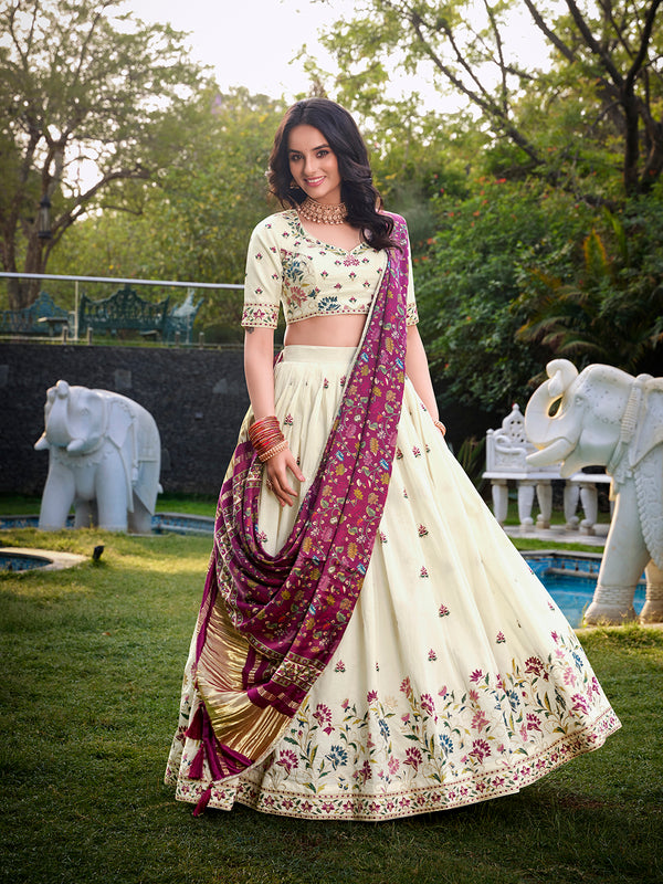 Flower Design With Sequince And Thread Embroidery Work Khadi Cotton Lehenga Choli