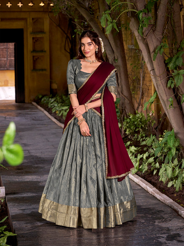 Grey Color Zari Weaving Work Dupion Silk Lehenga Choli