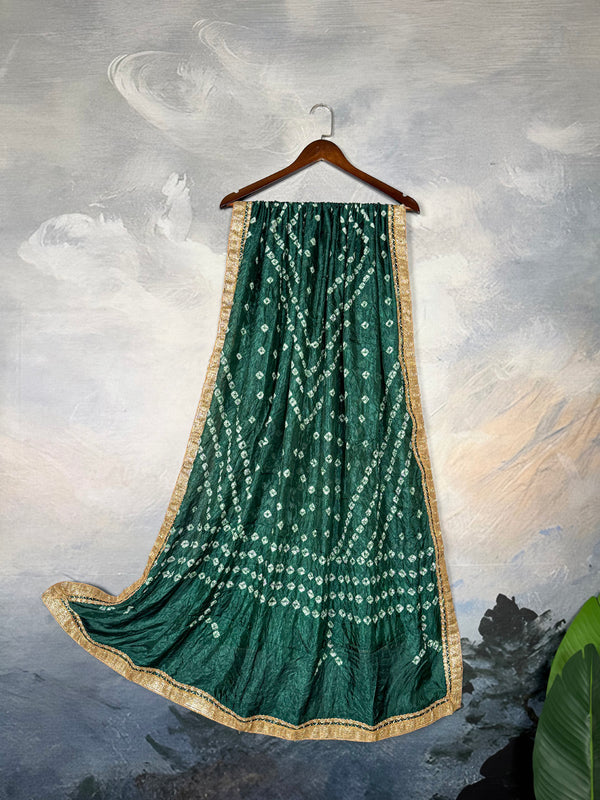 Green Color Bandhej Print With Lace Border Silk Dupatta
