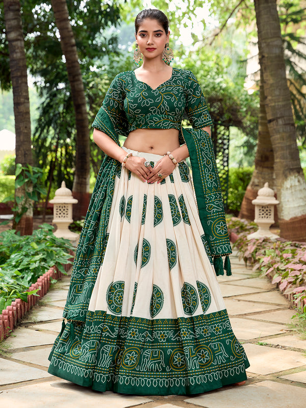 Green Color Bandhej Printed Tussar Silk Traditional Wear Lehenga Choli