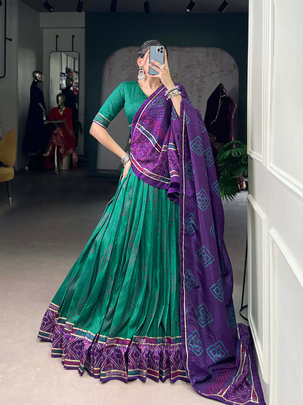 Green Color Bandhej Print With Gotta Patti Lace Tasar Silk Lehenga Choli