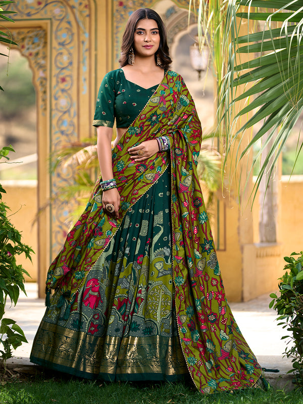 Green Color Kalamkari Print With Foil Work Tussar Silk Lehenga Choli