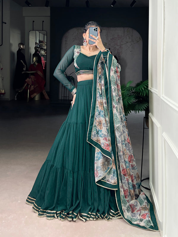 Green Color Printed With Lace Touch Up Marbel Chaniya Choli