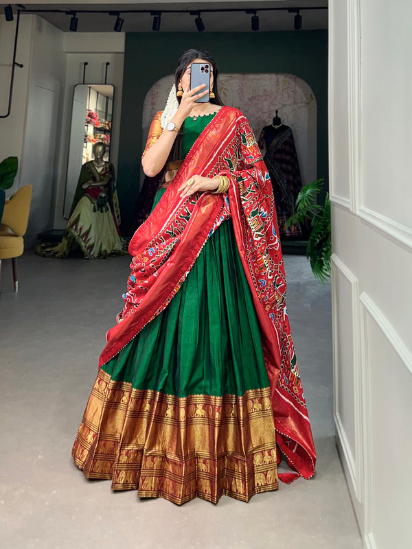 Green Color Zari Weaving Work Hyderabadi Fashion Narayan Pet Cotton Lehenga Choli
