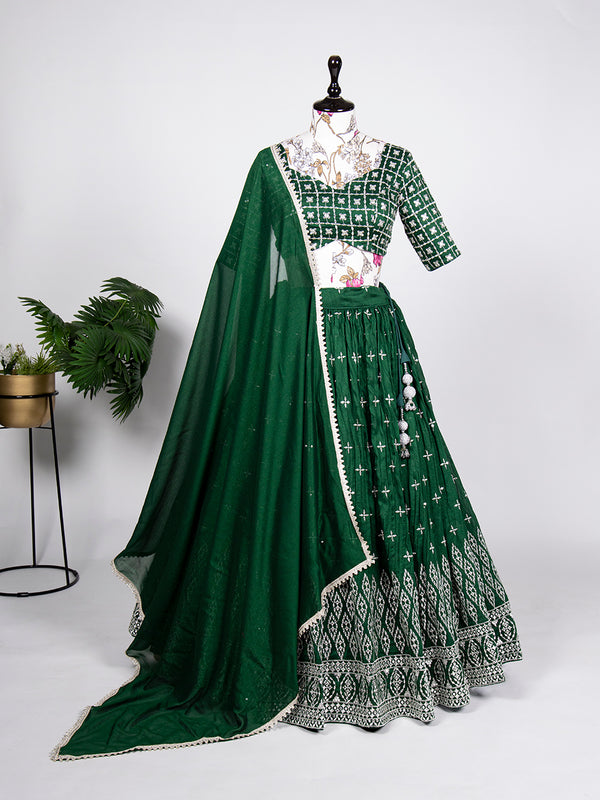 Green Color Sequins Embroidery Work Neem Silk Lehenga Choli