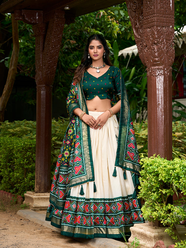 Green Color Patola Print With Tussar Silk Lehenga Choli