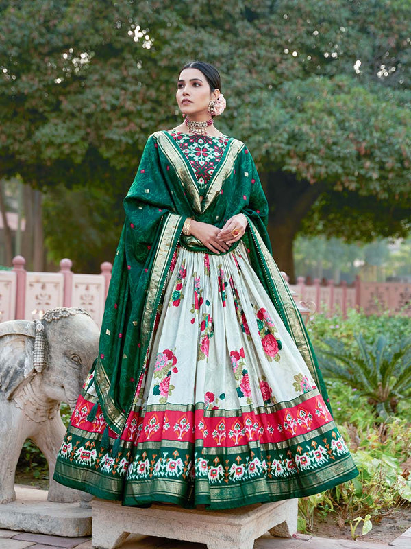 Green Color Floral And Patola Print With Foil Work Tussar Silk Lehenga Choli