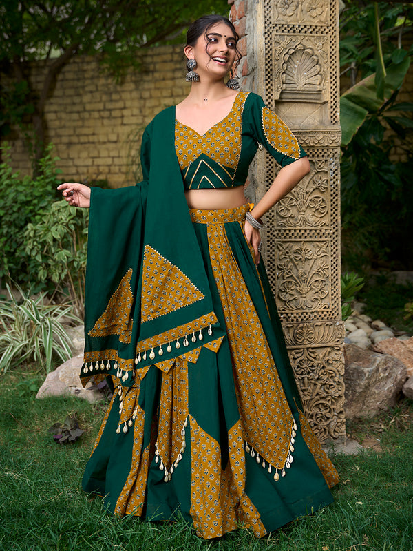 Green Color Plain And Printed Cotton Navratri Lehenga Choli By Looknbook Art