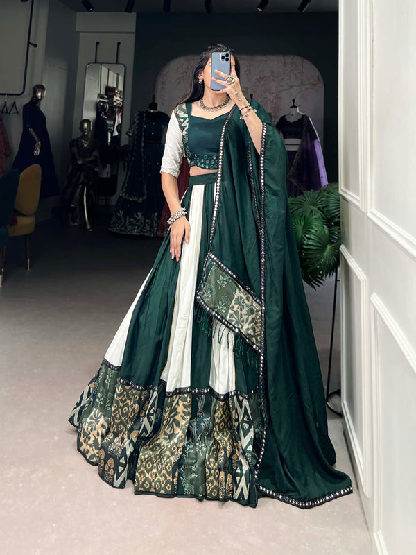 Green Color Plain And Printed With Paper Mirror Work Rayon Lehenga Choli