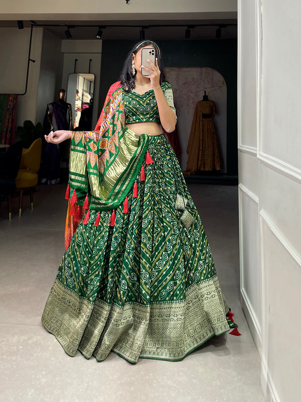 Green Color Printed With Zari Weaving Work Viscose Dola Silk Lehenga Choli