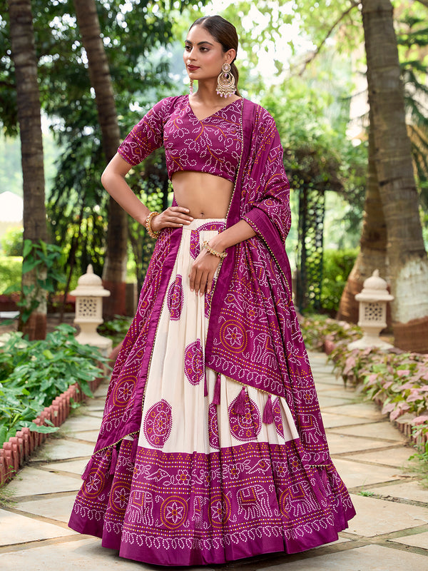 Wine Color Bandhej Printed Tussar Silk Lehenga Choli