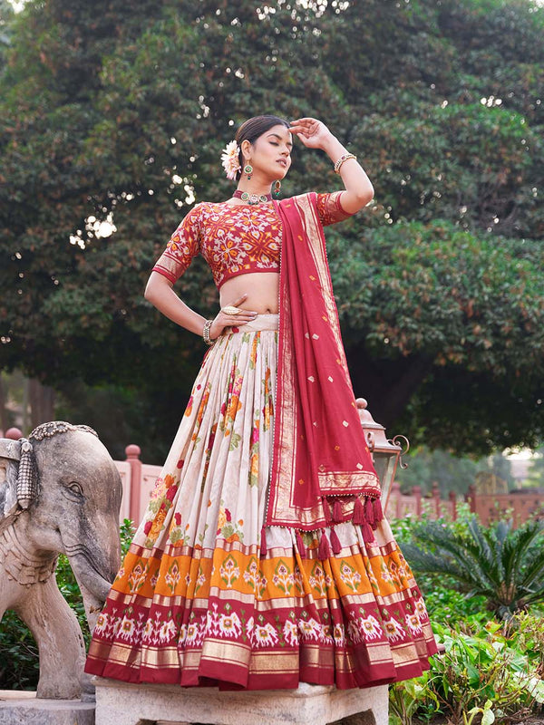 Red Color Floral And Patola Print With Foil Work Tussar Silk Lehenga Choli