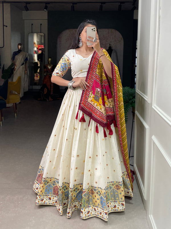 Temple Design Sequins And Thread Embroidery Work Khadi Cotton Wedding Wear Lehenga Choli