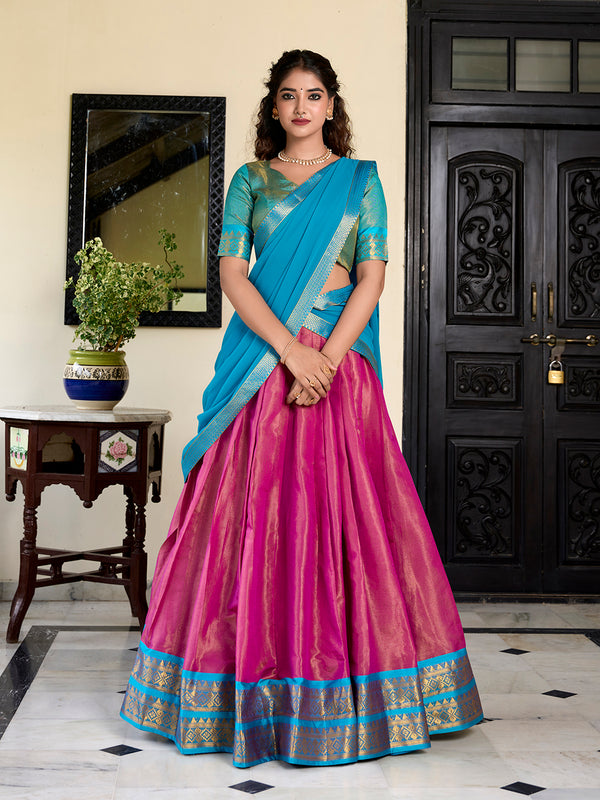 Pink Color Zari Weaving Work Kanchipuram Lehenga Choli