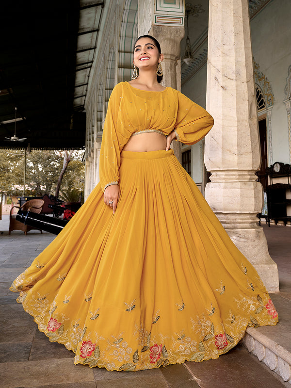 Mustard Color Sequins And Thread Embroidery Work Georgette Co-ord Set Lehenga Choli