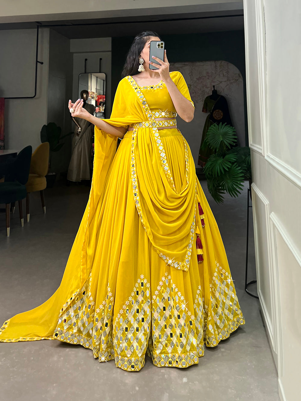 Sunset Yellow Lehenga Choli With Floral And Leaf Cut Mirror Work | Indian  wedding dress designers, Indian fashion dresses, Dress indian style