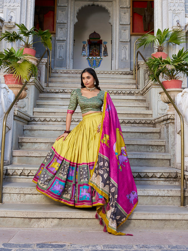 Mustard Color Kalamkari With Foil Work Tussar Silk Lehenga Choli