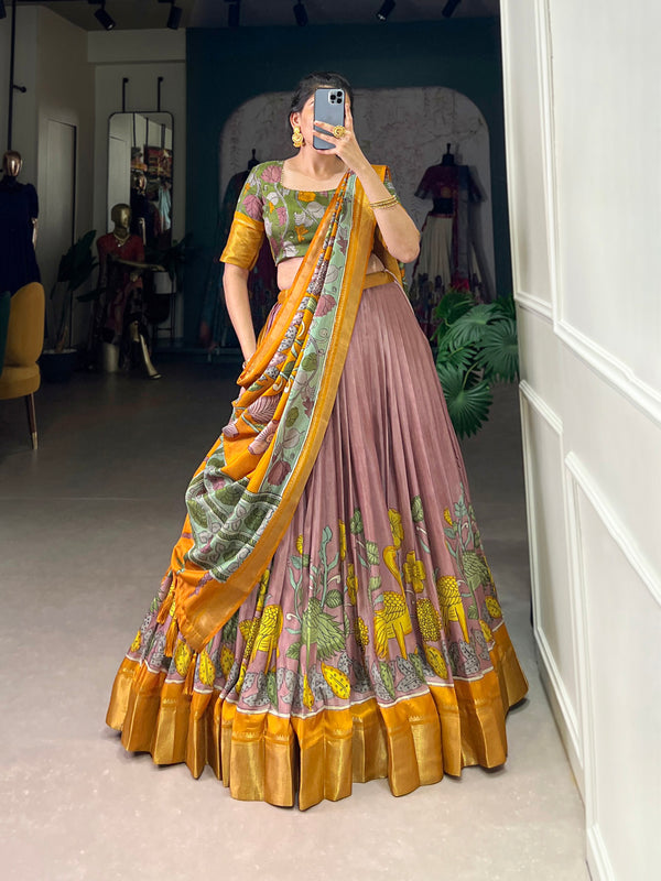 Onion Color Printed (Kalamkari) With Zari Weaving Border Jacquard Silk Lehenga Choli