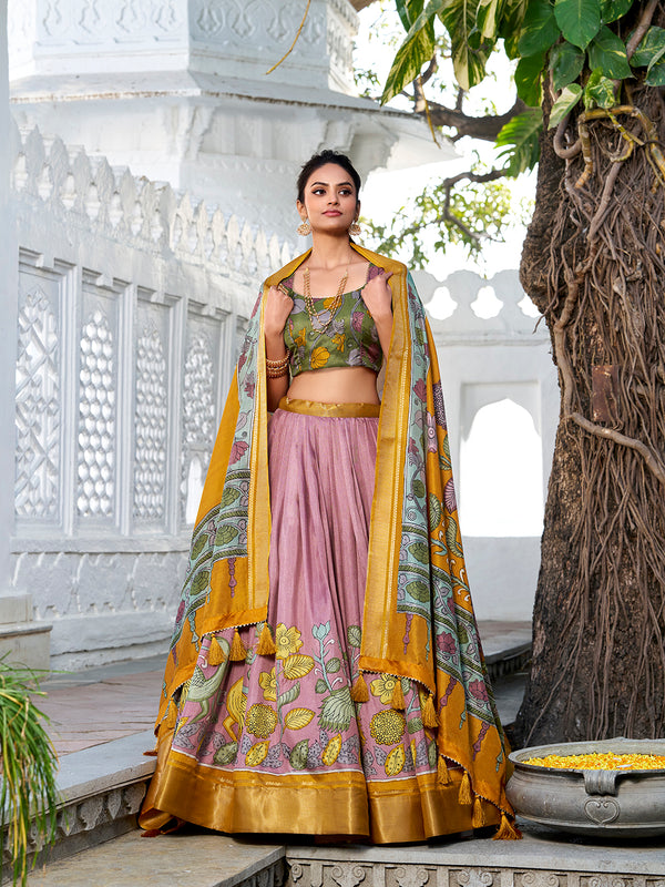 Onion Color Printed (Kalamkari) With Zari Weaving Border Jacquard Silk Lehenga Choli