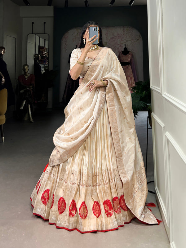 Red Color Mirror And Bids (Moti) Handwork Shimmer With Weaving Work Lehenga Choli