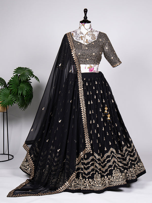 Black Color Sequins And Embroidery Thread Work Georgette Lehenga Choli