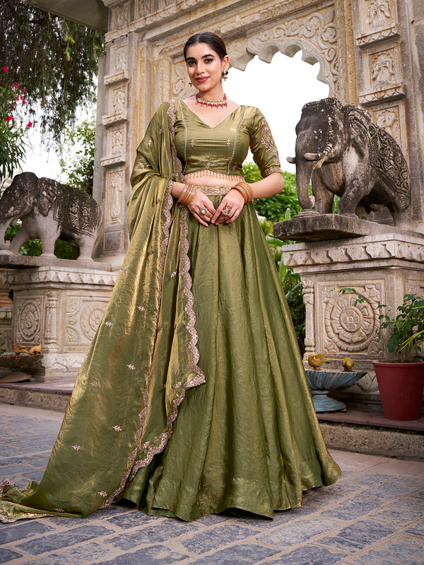 Mehandi Color Sequins And Thread Embroidery Work Belt Fendi Lehenga Choli