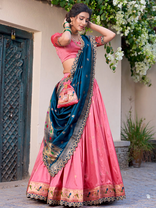 Light Pink Color Zari Weaving Work Jacquard Silk (Paithani) Lehenga Choli