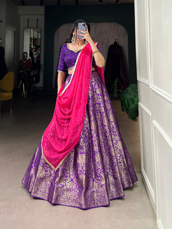 Purple Color Zari Weaving Work Jacquard Silk Lehenga Choli