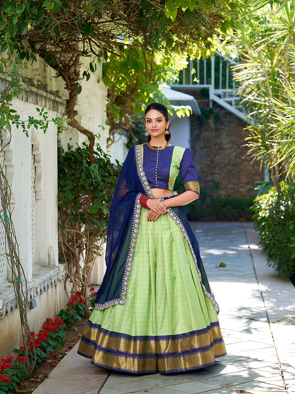 Pista Color Zari Weaving Work With Chex Lehenga Choli