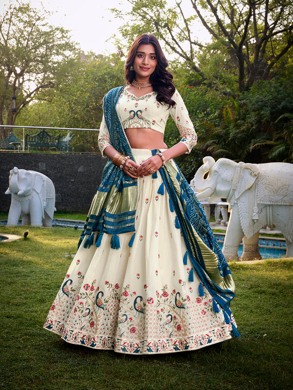 Peacock Design With Sequince And Thread Embroidery Work Khadi Cotton Lehenga Choli