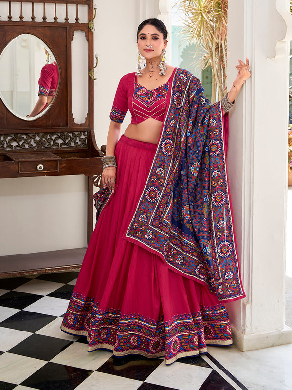 Pink Color Gamthi Print And Embossed Design Tussar Silk Lehenga Choli