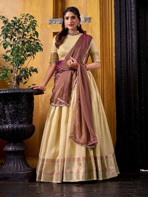 Yellow Color Zari Weaving Work Dupion Silk Lehenga Choli