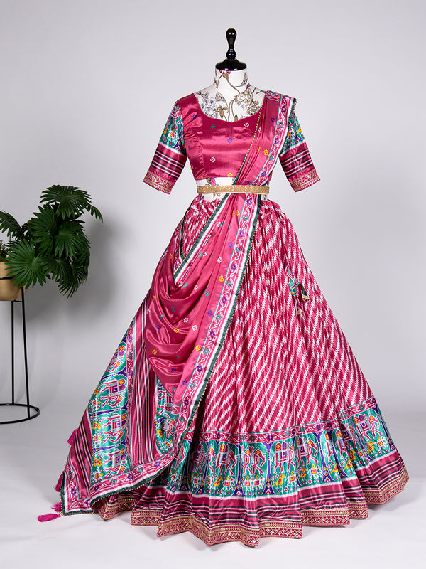 Pink Color Patola Print and Sequins Embroidery Chinon Lehenga Choli