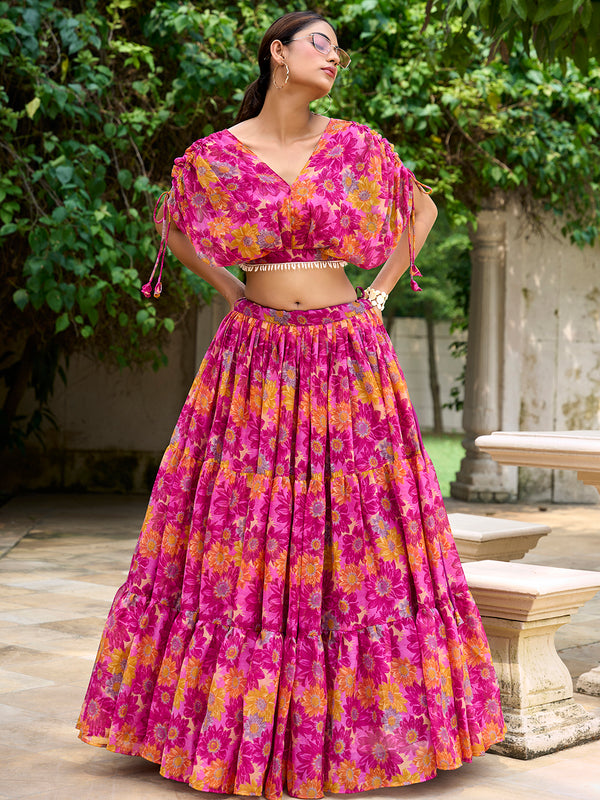 Pink Color Floral Print Chiffon Co-ord Set Chaniya Choli