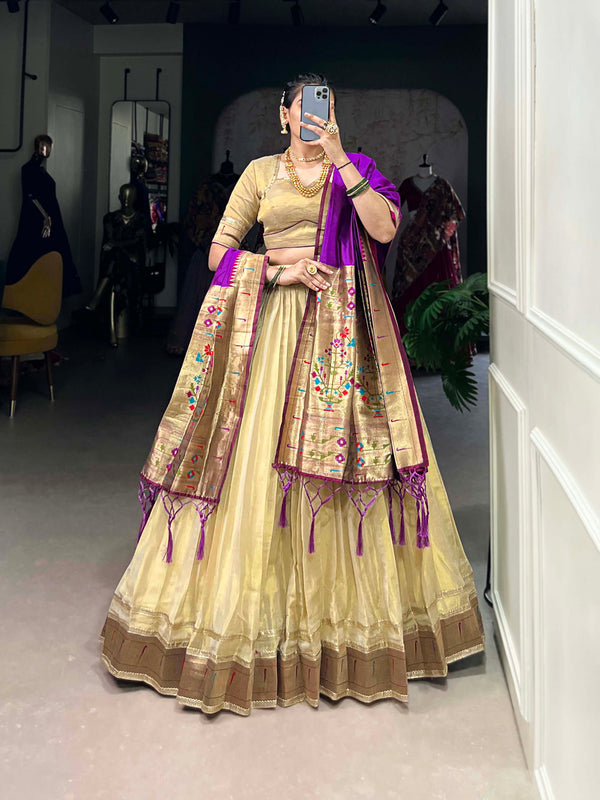 Cream Color Plain With Paithani Lace Border Erode Lehenga Choli