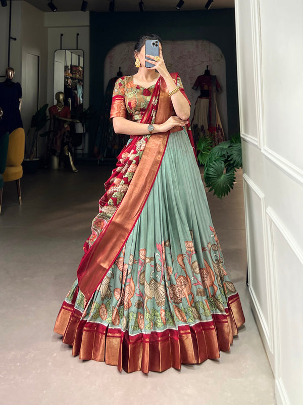 See Green Color Printed (Kalamkari) With Zari Weaving Border Jacquard Silk Lehenga Choli