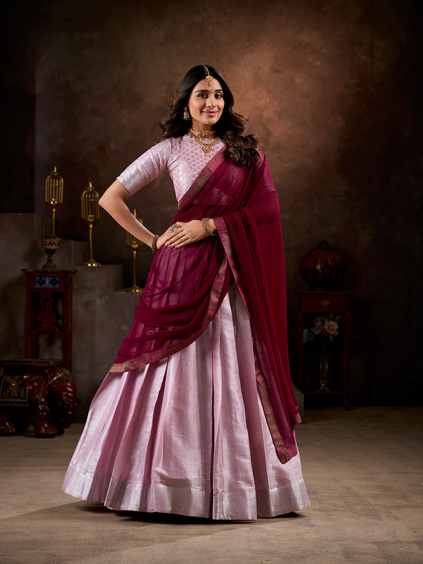 Light Pink Color South Indian Weaving Work Jacquard Silk Lehenga Choli