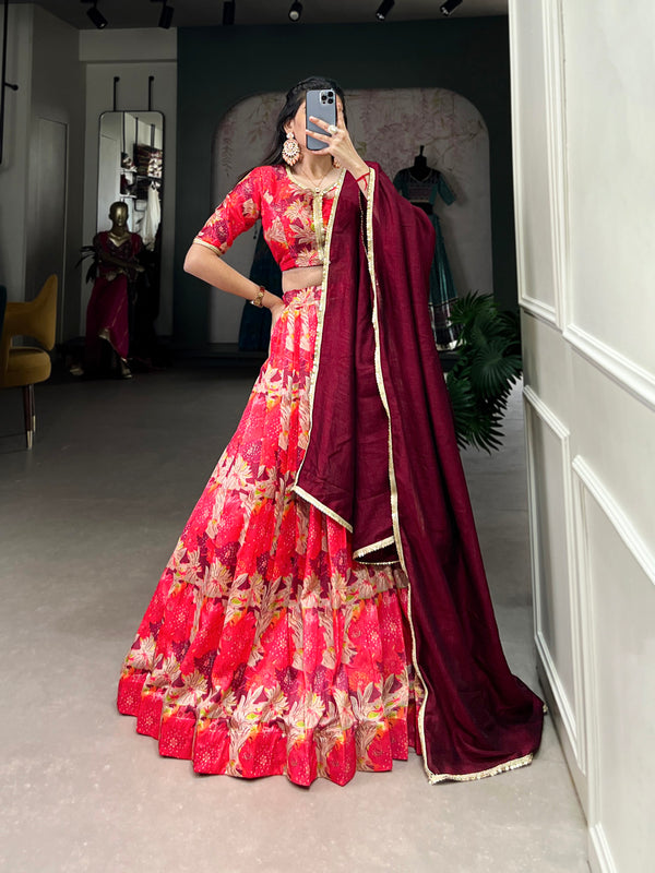 Red Color Printed With Tussar Silk Lehenga Choli