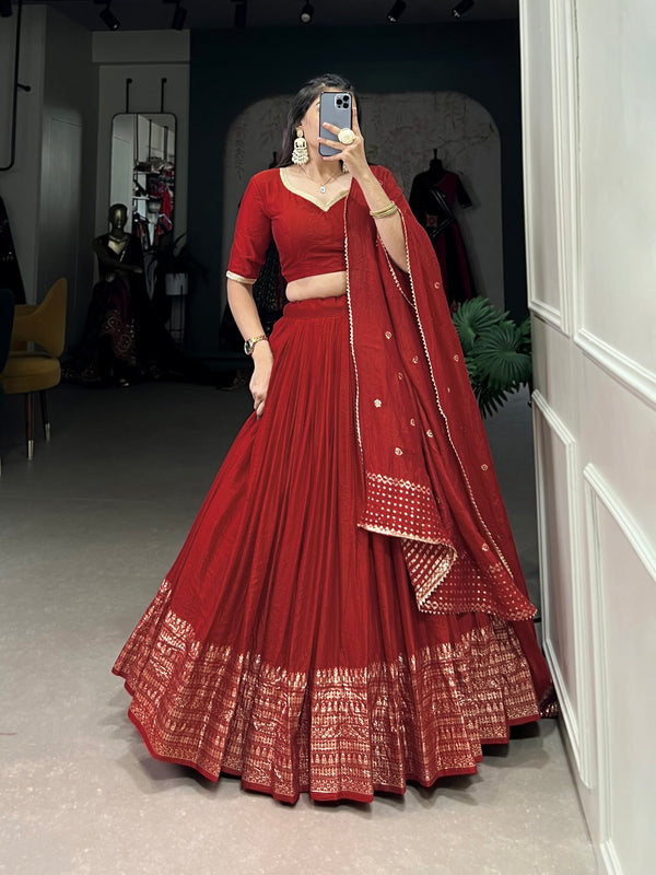 Red Color Plain With Zari Weaving Work Chanderi Lehenga Choli